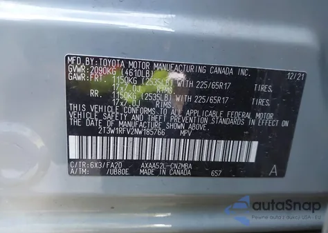 2022 Toyota Rav4 Xle z USA, uszkodzony, nr VIN 2T3W1RFV2NW185766